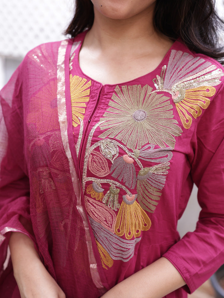 Wine Embroidered Kurta Set with Organza Dupatta for Women | Elegant Festive Ethnic Wear