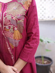 Wine Embroidered Kurta Set with Organza Dupatta for Women | Elegant Festive Ethnic Wear