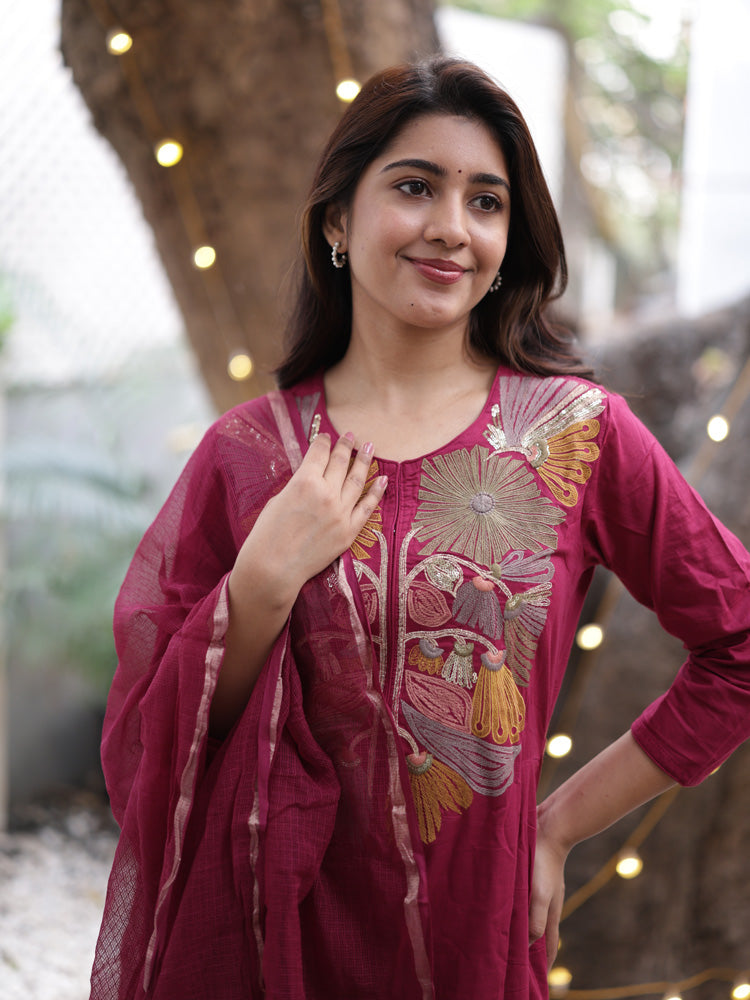 Wine Embroidered Kurta Set with Organza Dupatta for Women | Elegant Festive Ethnic Wear