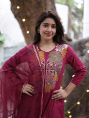 Wine Embroidered Kurta Set with Organza Dupatta for Women | Elegant Festive Ethnic Wear