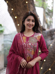 Wine Embroidered Kurta Set with Organza Dupatta for Women | Elegant Festive Ethnic Wear