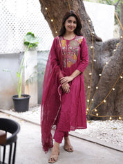 Wine Embroidered Kurta Set with Organza Dupatta for Women | Elegant Festive Ethnic Wear