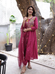 Wine Embroidered Kurta Set with Organza Dupatta for Women | Elegant Festive Ethnic Wear