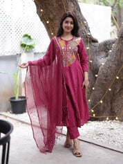 Wine Embroidered Kurta Set with Organza Dupatta for Women | Elegant Festive Ethnic Wear