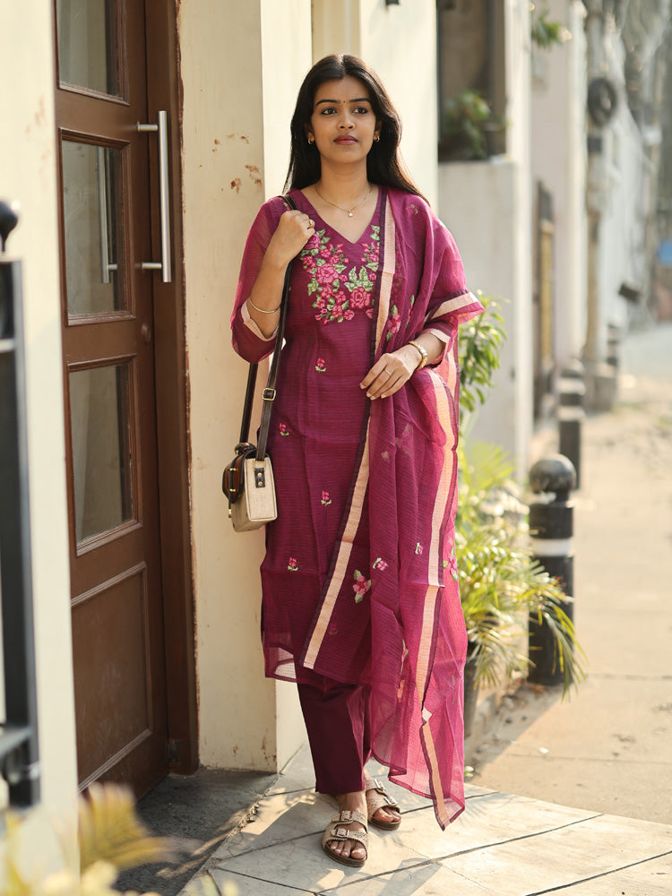 Wine Embroidered Kurta Set with Organza Dupatta for Women Elegant Festive Ethnic Wear