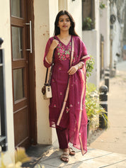 Wine Embroidered Kurta Set with Organza Dupatta for Women Elegant Festive Ethnic Wear