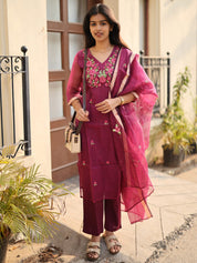 Wine Embroidered Kurta Set with Organza Dupatta for Women Elegant Festive Ethnic Wear
