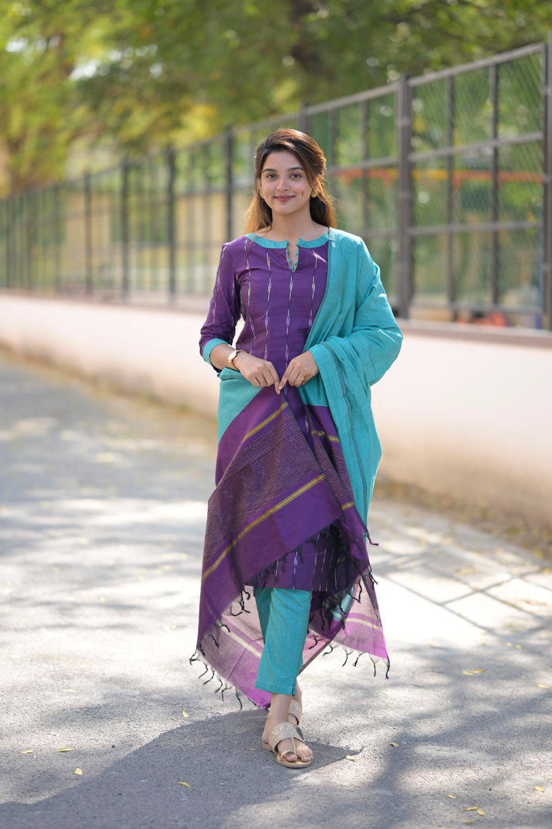 Purple Cotton Kurta Set for Women Elegant Ethnic Wear with Aqua Dupatta