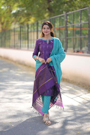 Purple Cotton Kurta Set for Women Elegant Ethnic Wear with Aqua Dupatta
