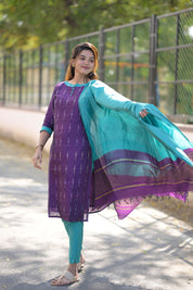 Purple Cotton Kurta Set for Women Elegant Ethnic Wear with Aqua Dupatta