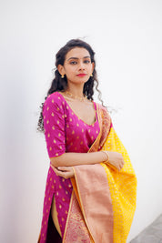 Pink Ethnic Kurta Set for Women with Yellow Banarasi Dupatta Festive Traditional Wear