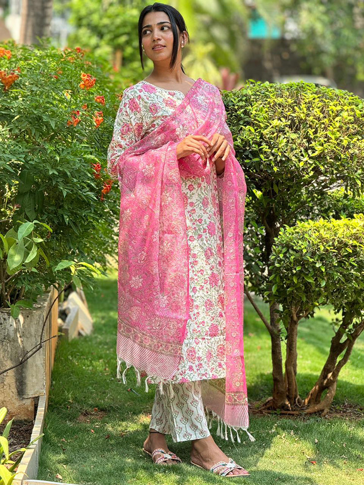 TheHandStitch Floral Printed Kurti Pant Set with Pink Dupatta | Elegant Cotton Ethnic Wear for Women