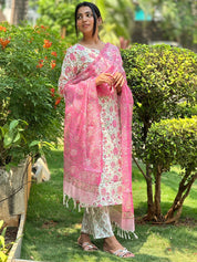 TheHandStitch Floral Printed Kurti Pant Set with Pink Dupatta | Elegant Cotton Ethnic Wear for Women