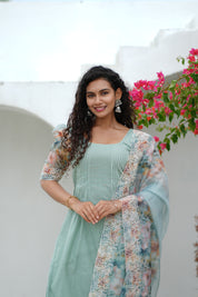Mint Green Kurta Set for Women with Floral Organza Dupatta Elegant Ethnic Wear