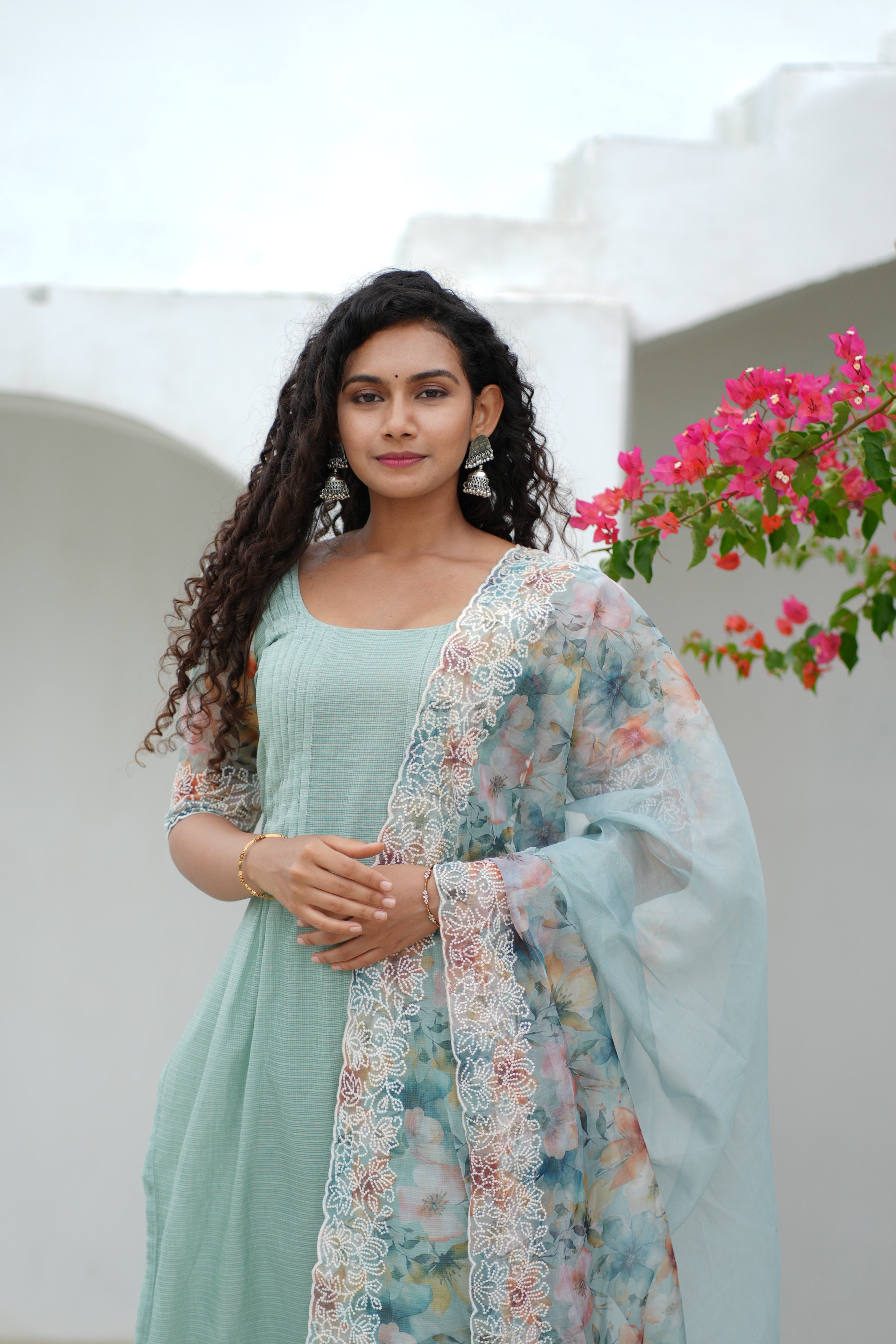 Mint Green Kurta Set for Women with Floral Organza Dupatta Elegant Ethnic Wear