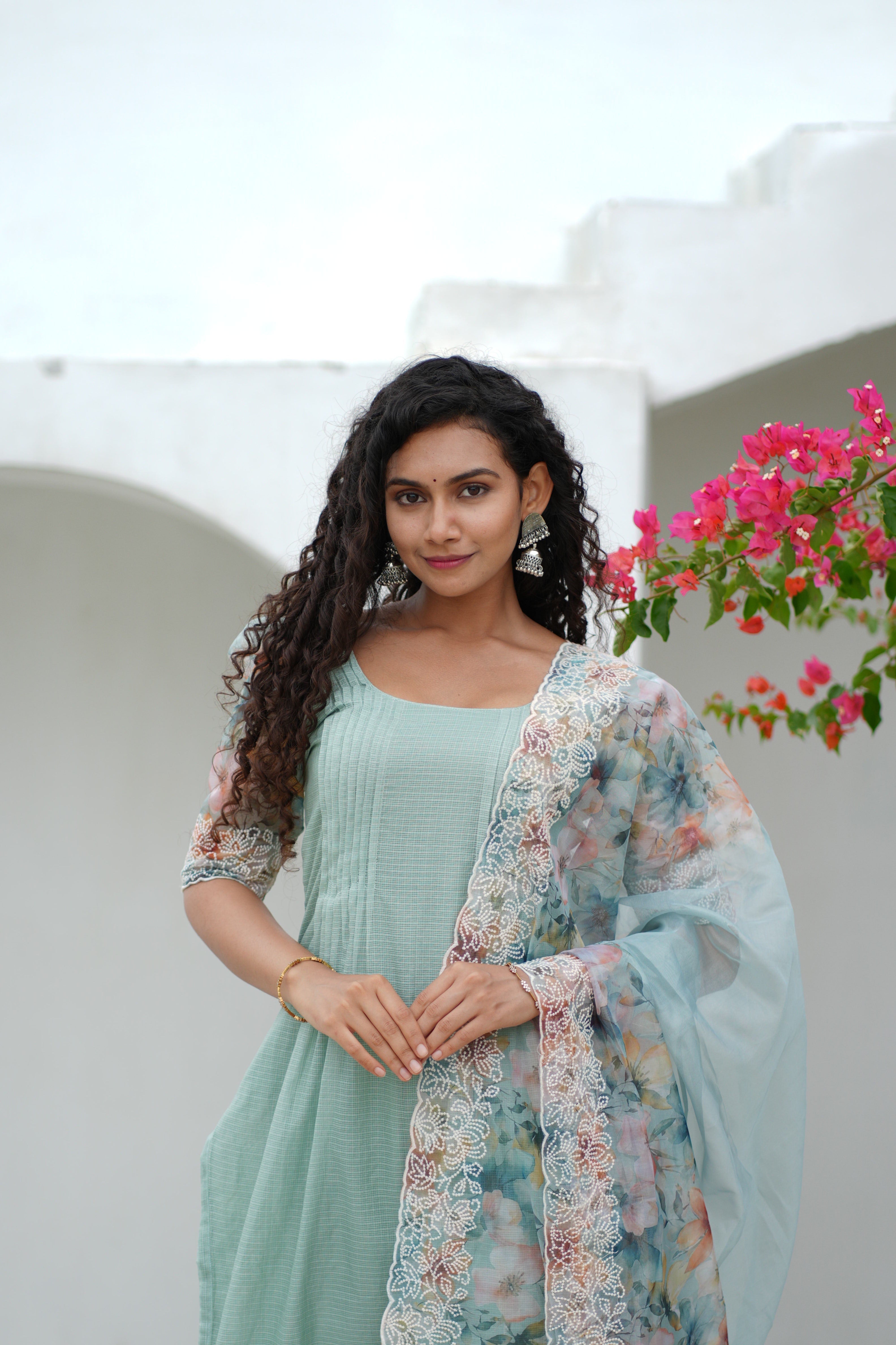 Mint Green Kurta Set for Women with Floral Organza Dupatta Elegant Ethnic Wear