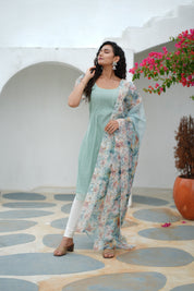 Mint Green Kurta Set for Women with Floral Organza Dupatta Elegant Ethnic Wear