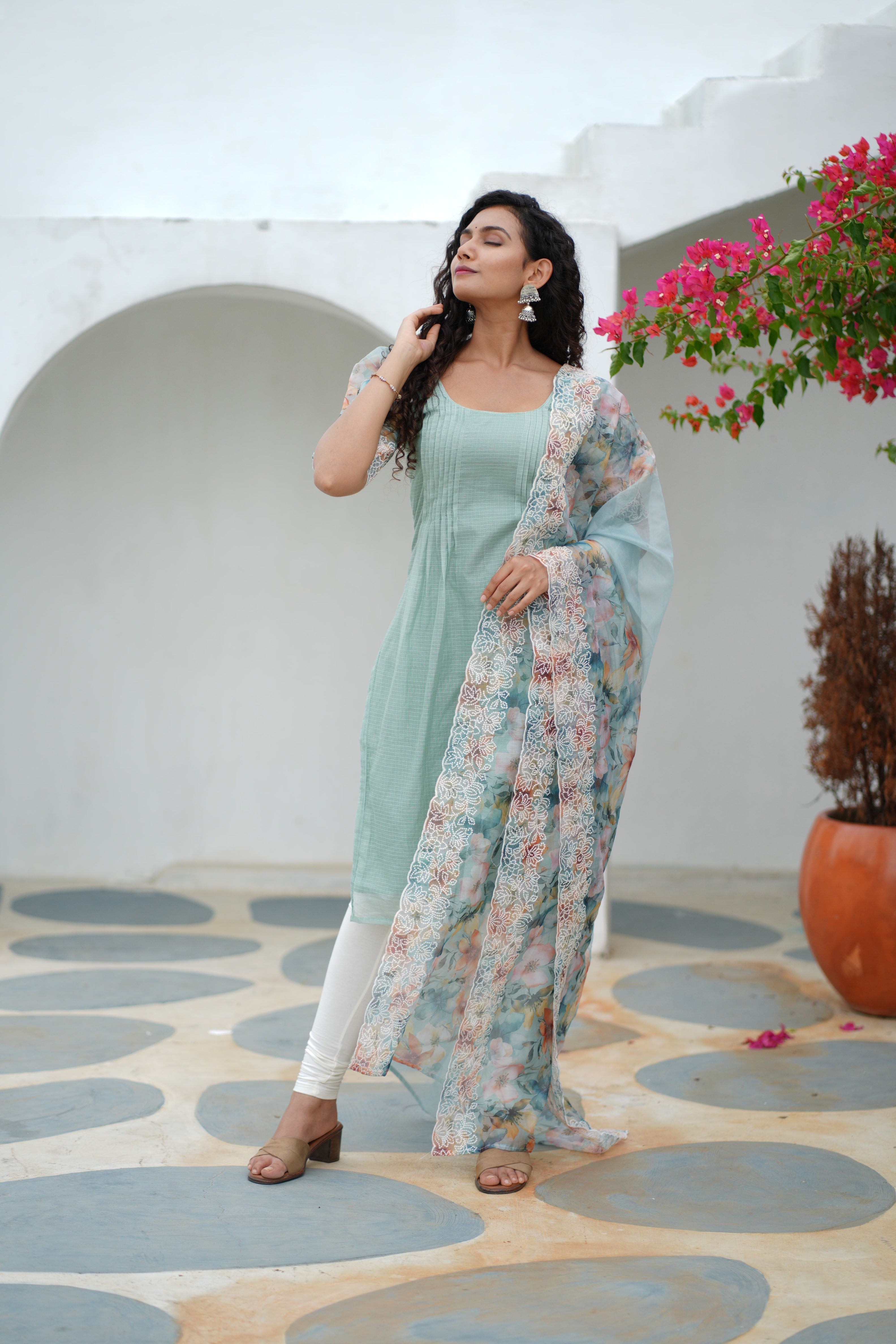 Mint Green Kurta Set for Women with Floral Organza Dupatta Elegant Ethnic Wear