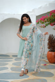 Mint Green Kurta Set for Women with Floral Organza Dupatta Elegant Ethnic Wear
