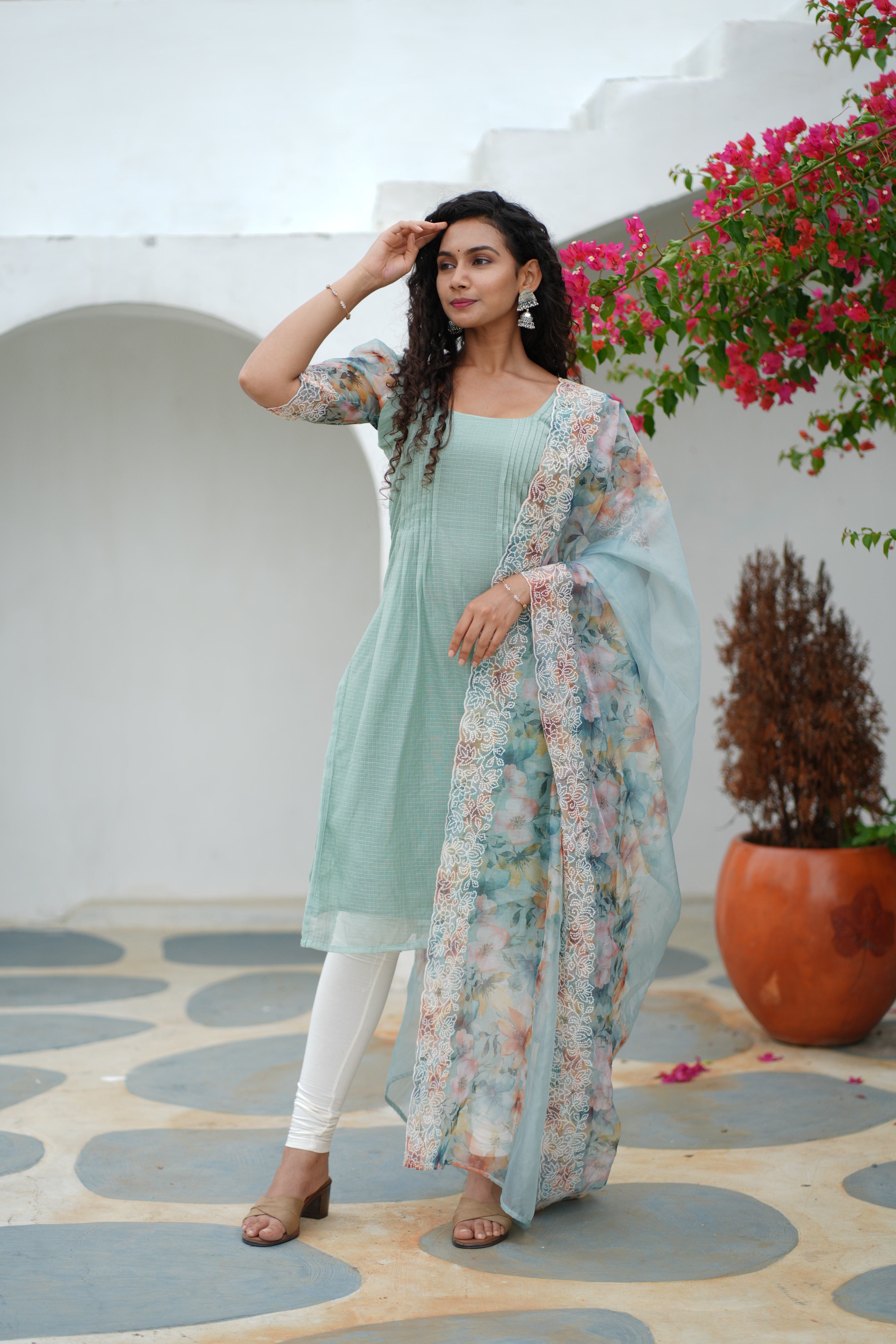 Mint Green Kurta Set for Women with Floral Organza Dupatta Elegant Ethnic Wear