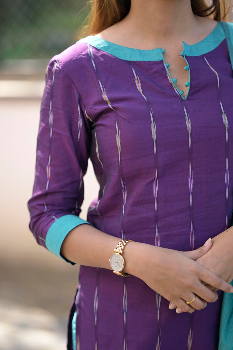 Purple Cotton Kurta Set for Women Elegant Ethnic Wear with Aqua Dupatta