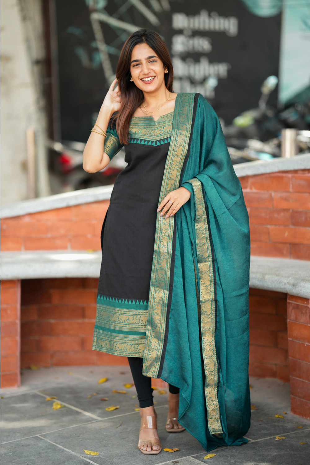 Black Ethnic Kurta Set for Women with Teal Dupatta Traditional Festive Wear