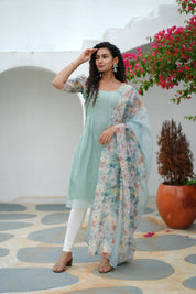 Mint Green Kurta Set for Women with Floral Organza Dupatta Elegant Ethnic Wear
