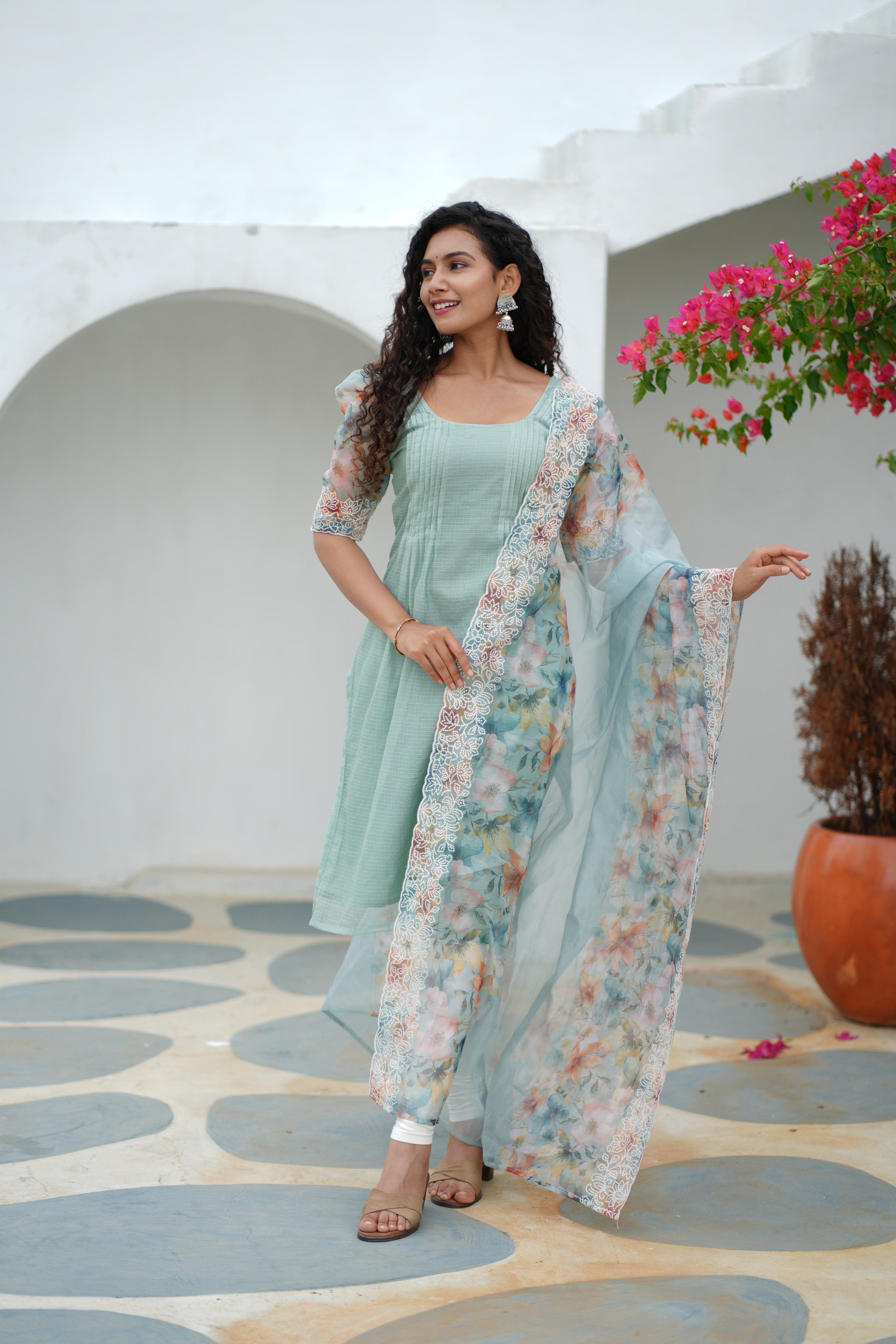 Mint Green Kurta Set for Women with Floral Organza Dupatta Elegant Ethnic Wear