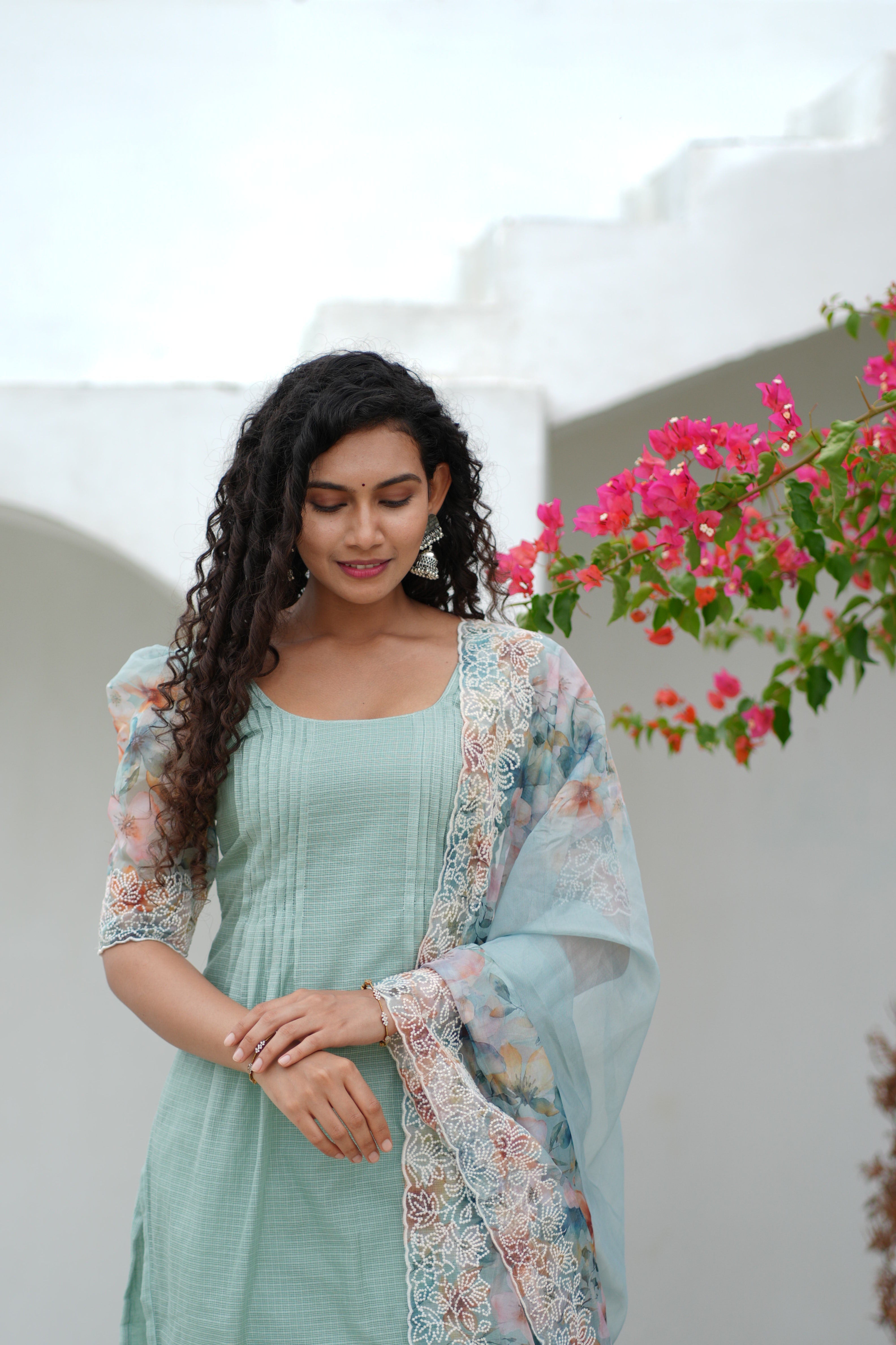 Mint Green Kurta Set for Women with Floral Organza Dupatta Elegant Ethnic Wear