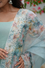 Mint Green Kurta Set for Women with Floral Organza Dupatta Elegant Ethnic Wear