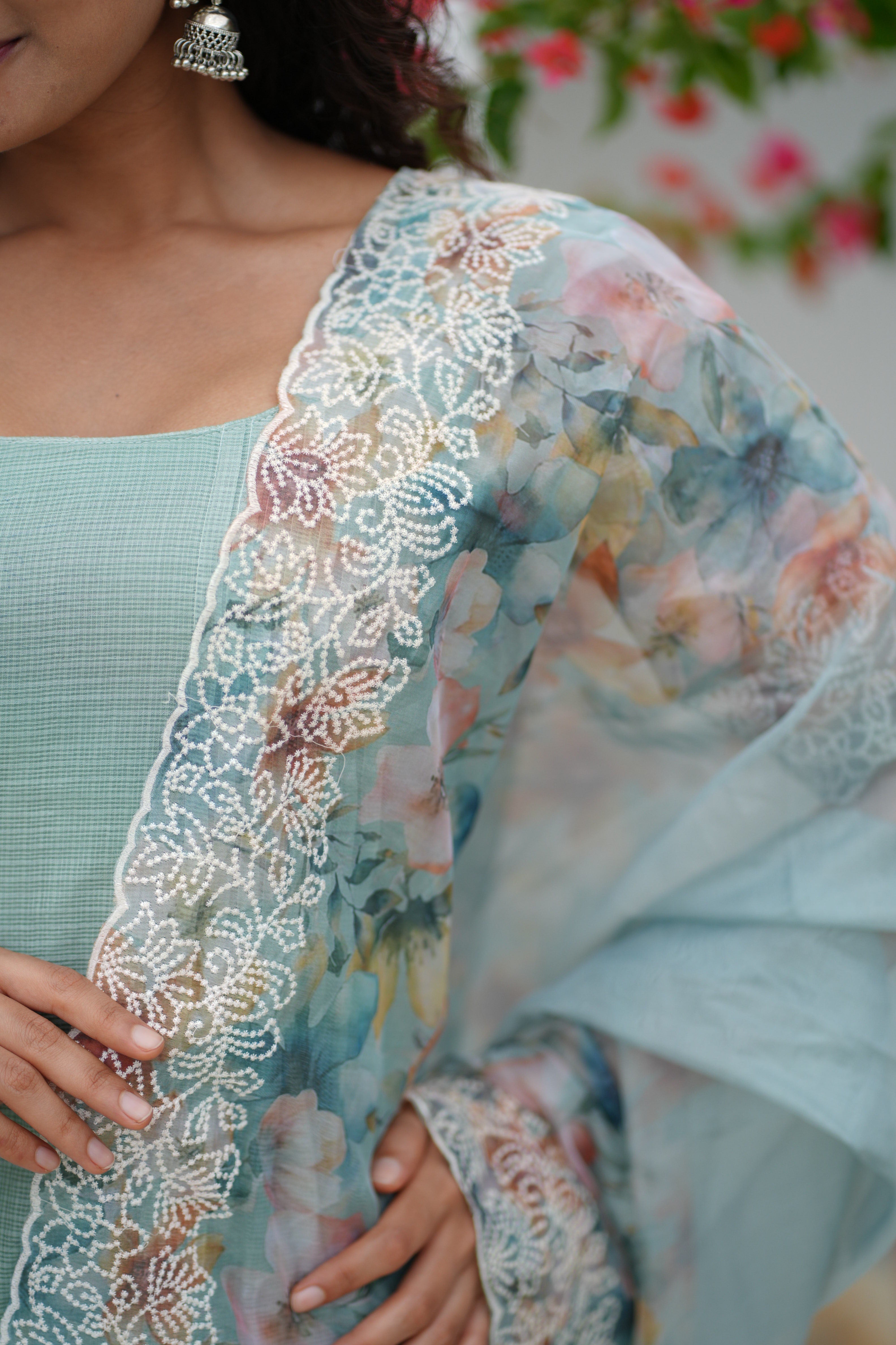 Mint Green Kurta Set for Women with Floral Organza Dupatta Elegant Ethnic Wear