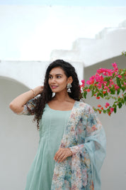 Mint Green Kurta Set for Women with Floral Organza Dupatta Elegant Ethnic Wear