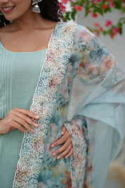 Mint Green Kurta Set for Women with Floral Organza Dupatta Elegant Ethnic Wear