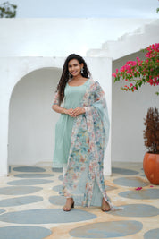 Mint Green Kurta Set for Women with Floral Organza Dupatta Elegant Ethnic Wear