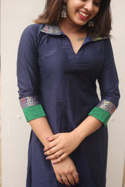 Navy Blue Ethnic Kurta Set for Women Elegant Straight Fit Traditional Outfit