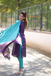 Purple Cotton Kurta Set for Women Elegant Ethnic Wear with Aqua Dupatta