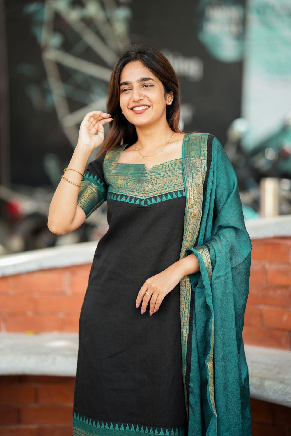 Black Ethnic Kurta Set for Women with Teal Dupatta Traditional Festive Wear