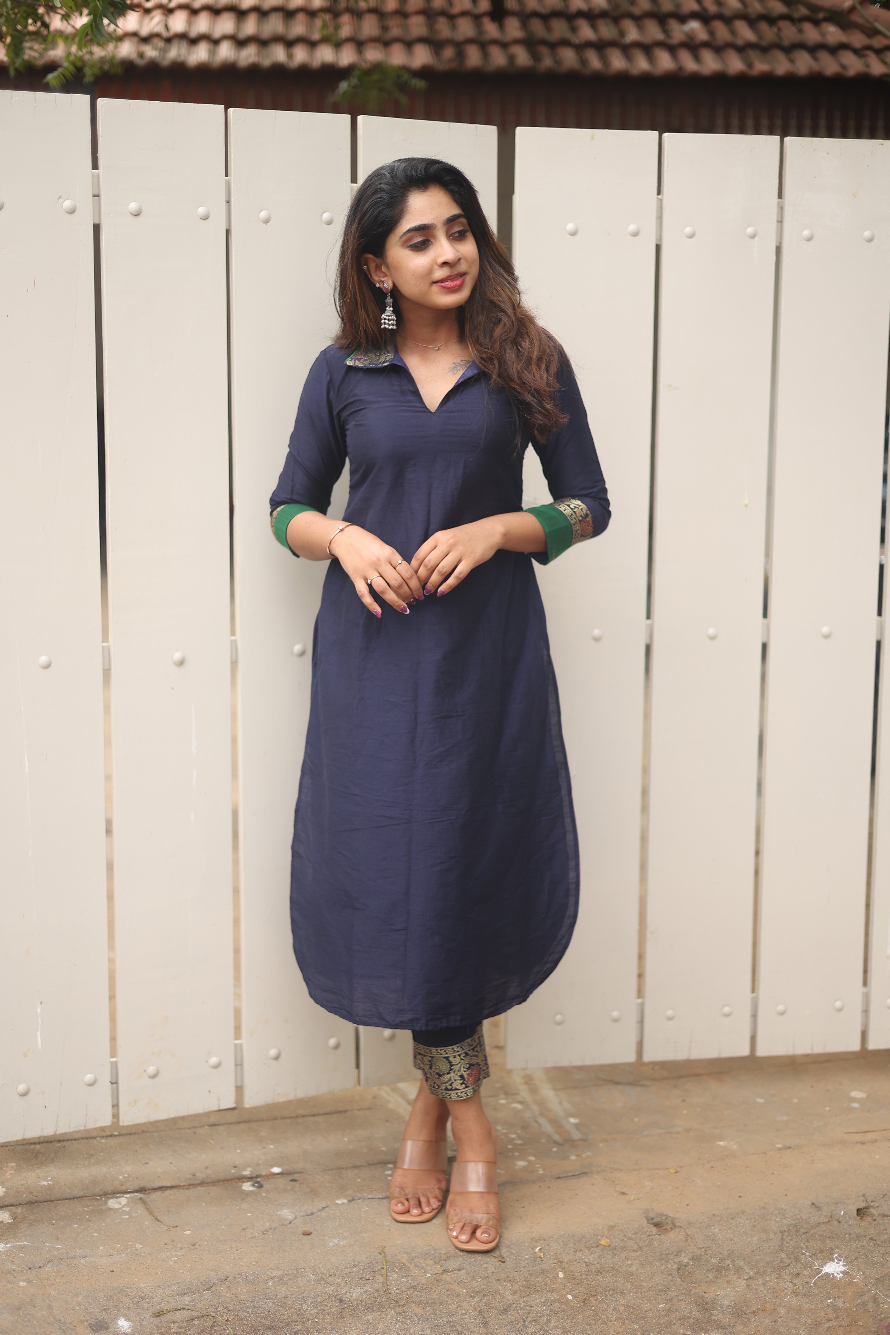 Navy Blue Ethnic Kurta Set for Women Elegant Straight Fit Traditional Outfit