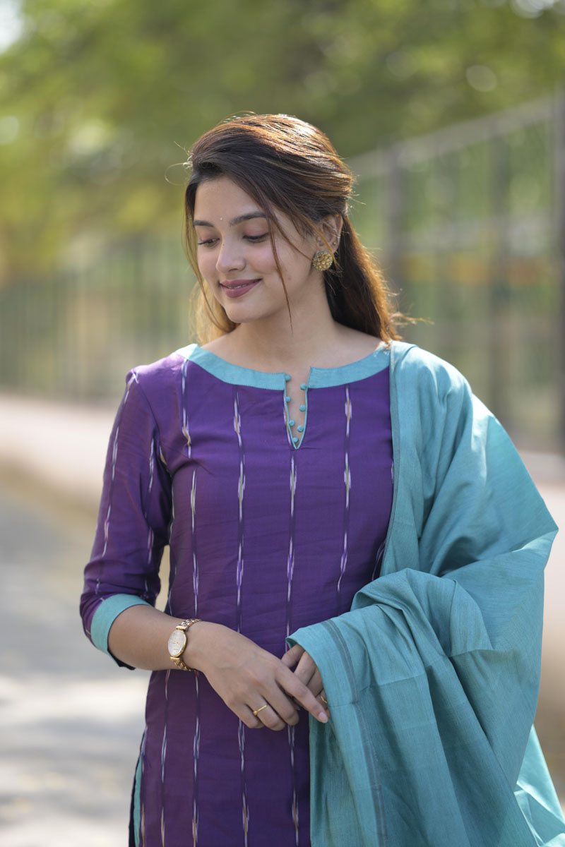 Purple Cotton Kurta Set for Women Elegant Ethnic Wear with Aqua Dupatta