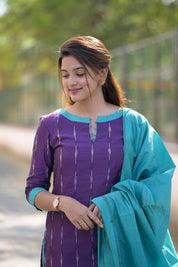 Purple Cotton Kurta Set for Women Elegant Ethnic Wear with Aqua Dupatta