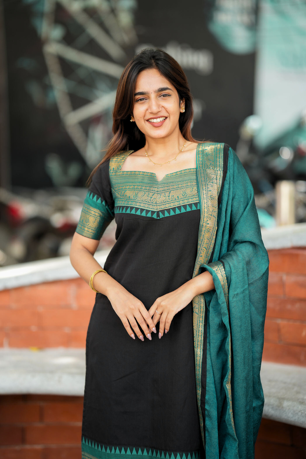 Black Ethnic Kurta Set for Women with Teal Dupatta Traditional Festive Wear