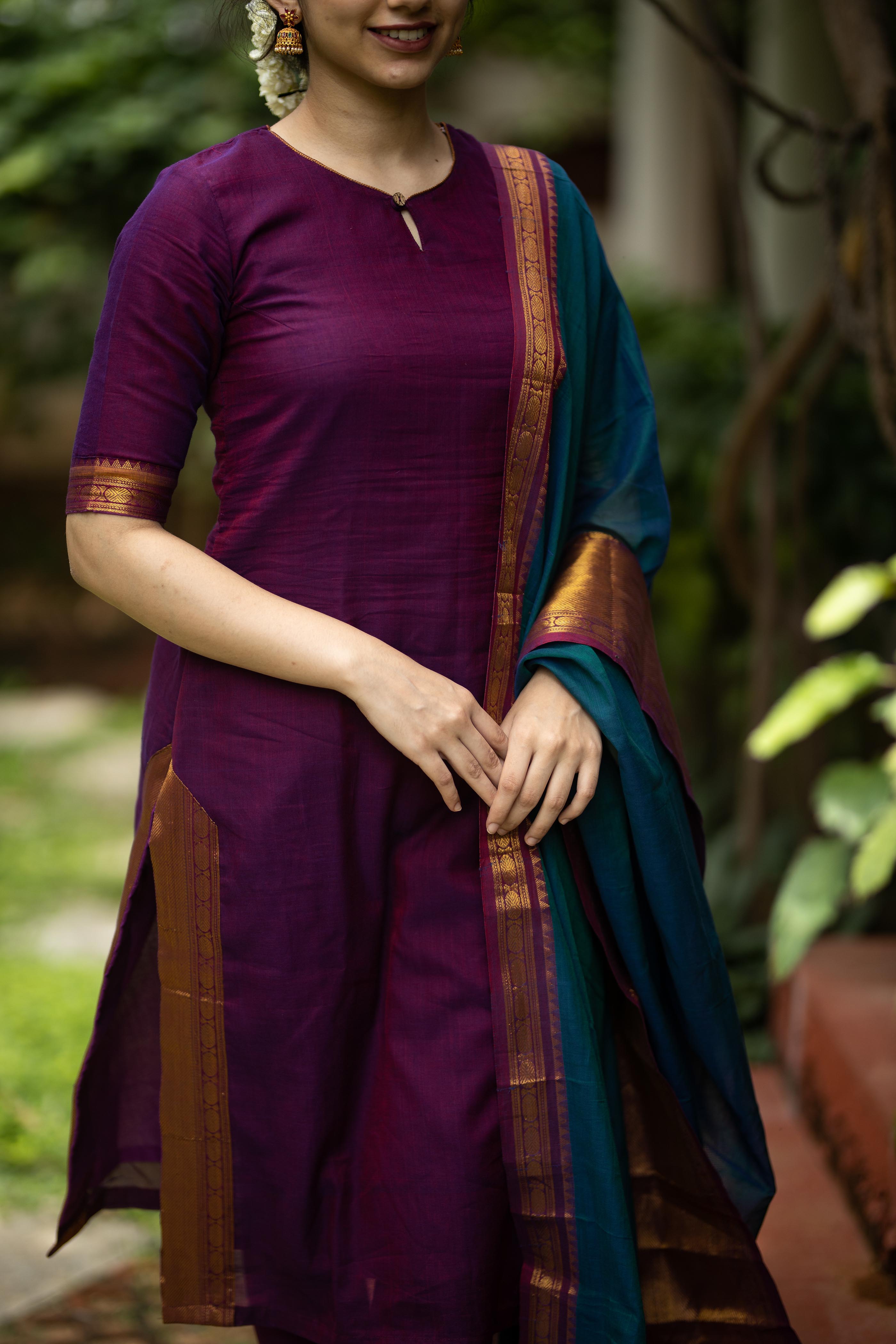 Purple Silk Kurta Set for Women Traditional Ethnic Suit with Contrast Dupatta