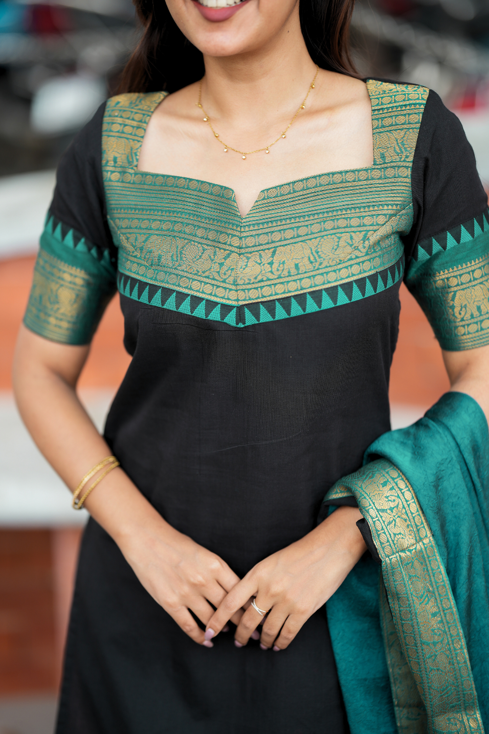 Black Ethnic Kurta Set for Women with Teal Dupatta Traditional Festive Wear