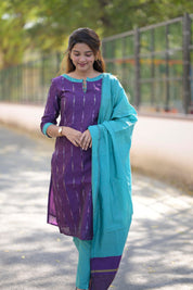 Purple Cotton Kurta Set for Women Elegant Ethnic Wear with Aqua Dupatta