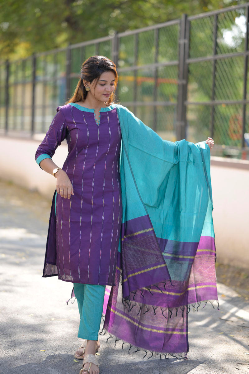 Purple Cotton Kurta Set for Women Elegant Ethnic Wear with Aqua Dupatta