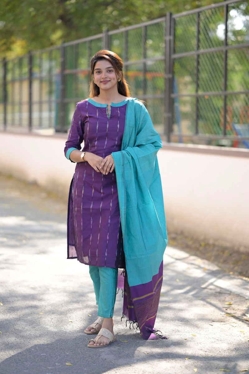 Purple Cotton Kurta Set for Women Elegant Ethnic Wear with Aqua Dupatta