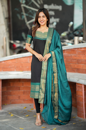 Black Ethnic Kurta Set for Women with Teal Dupatta Traditional Festive Wear