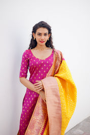 Pink Ethnic Kurta Set for Women with Yellow Banarasi Dupatta Festive Traditional Wear