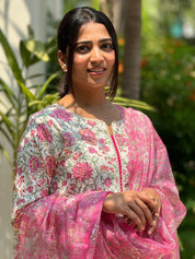 TheHandStitch Floral Printed Kurti Pant Set with Pink Dupatta | Elegant Cotton Ethnic Wear for Women