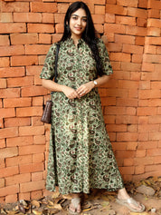Olive Paisley Flared Maxi Kurti Stylish Printed Ethnic Dress for Women